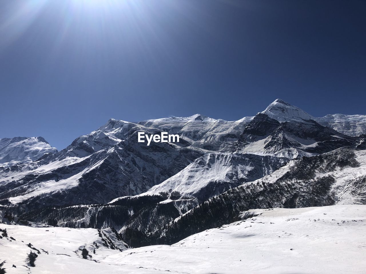 Scenic view of snowcapped mountains against clear sky