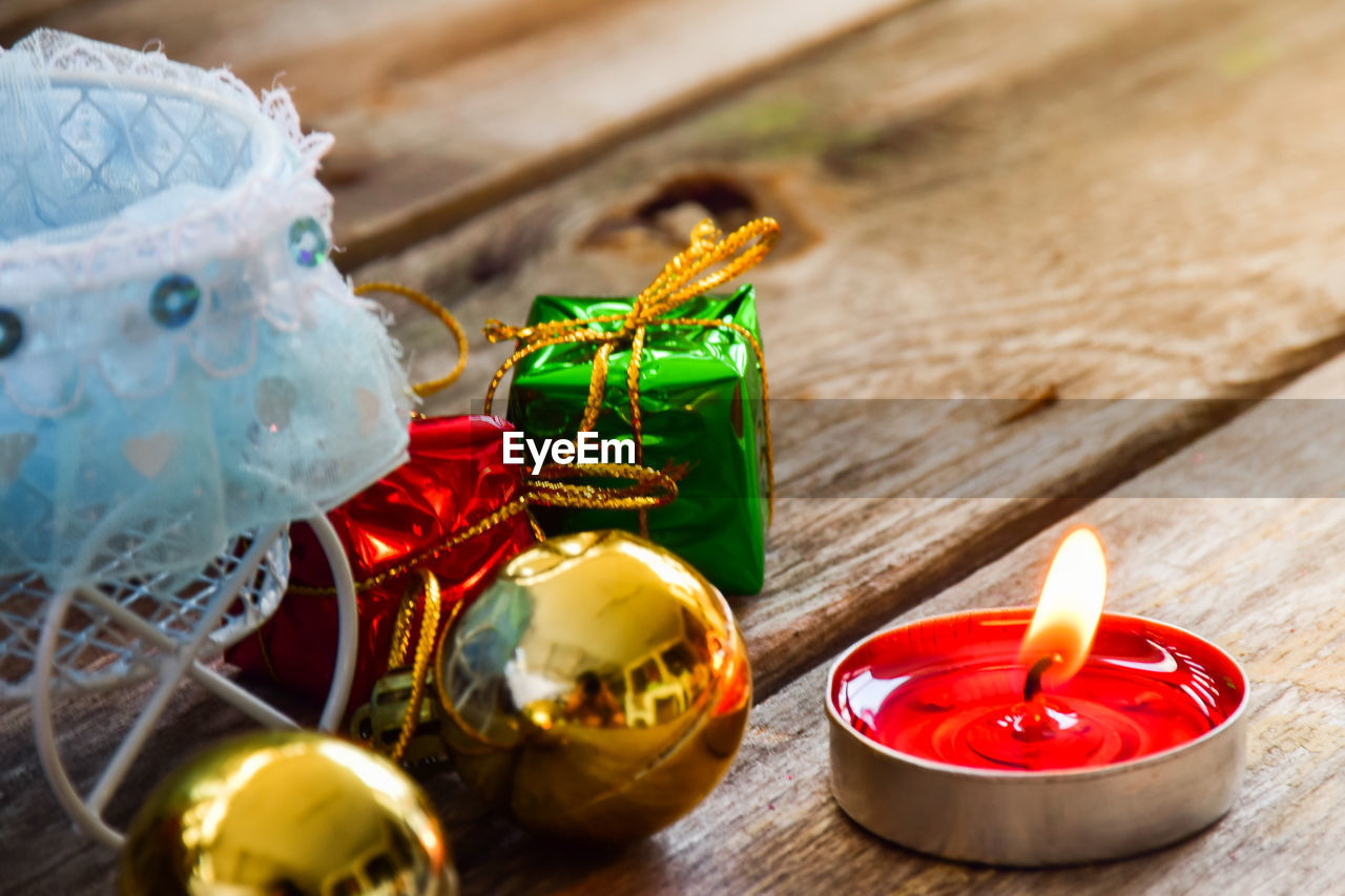 Close-up of christmas decorations on table