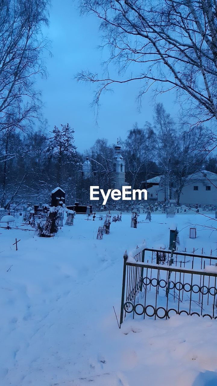 SNOW COVERED FIELD BY TREES AGAINST SKY