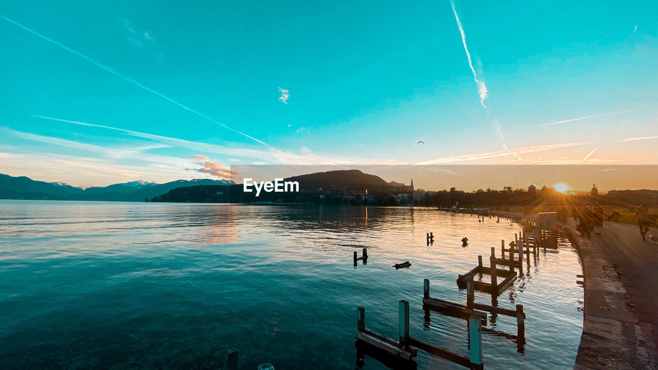 Panoramic view of lake against sky during sunset