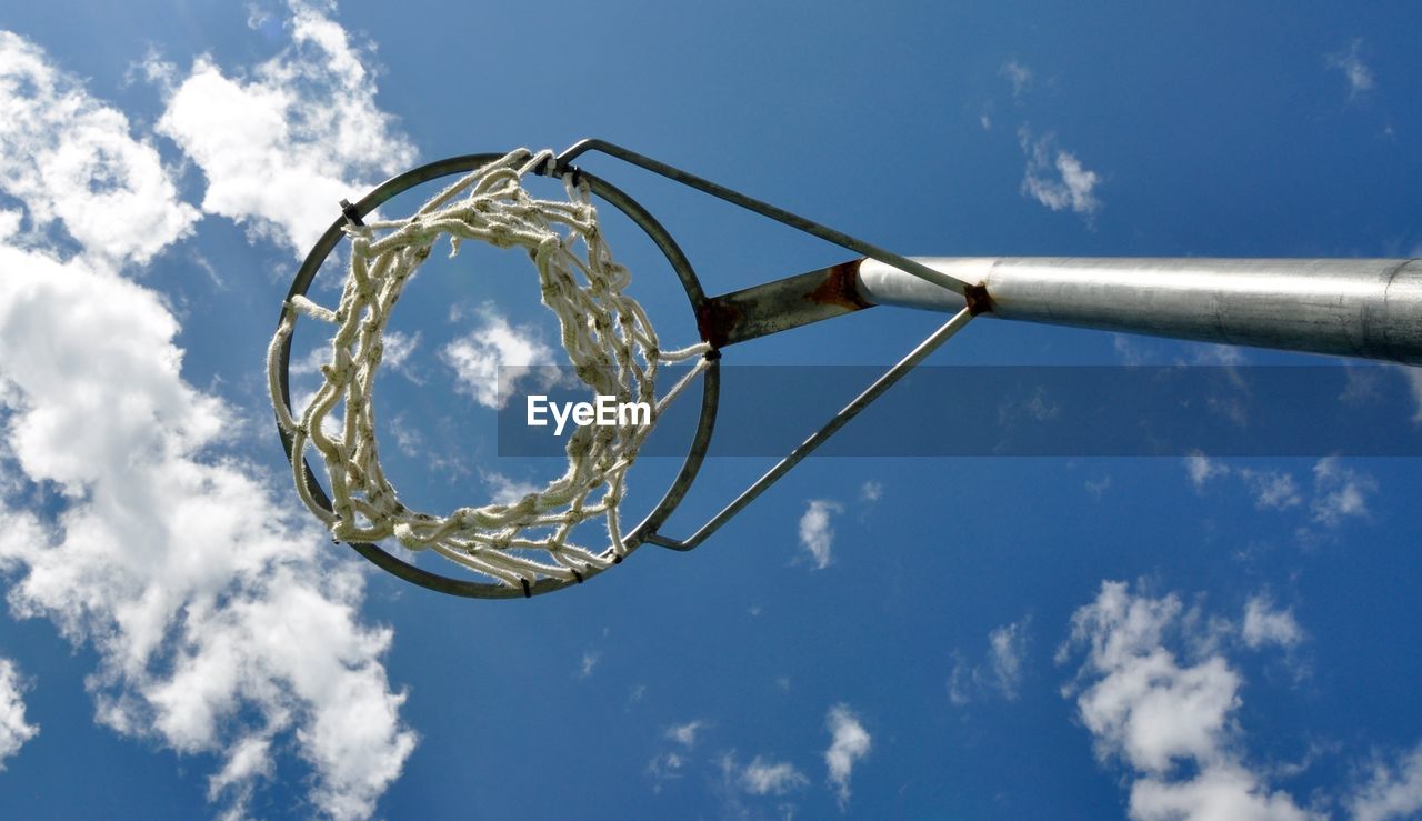 CLOSE-UP OF BASKETBALL HOOP AGAINST SKY
