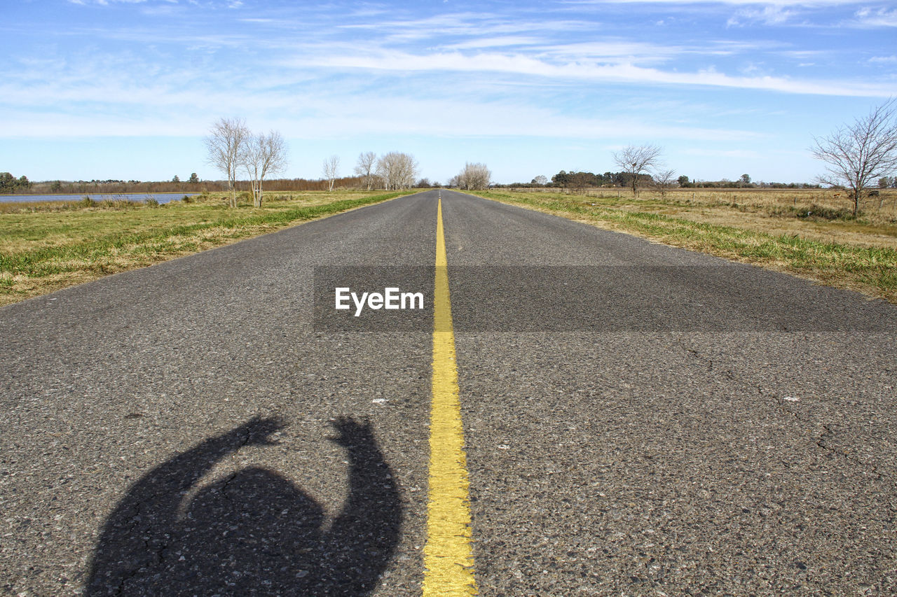 Shadow of child on road against sky