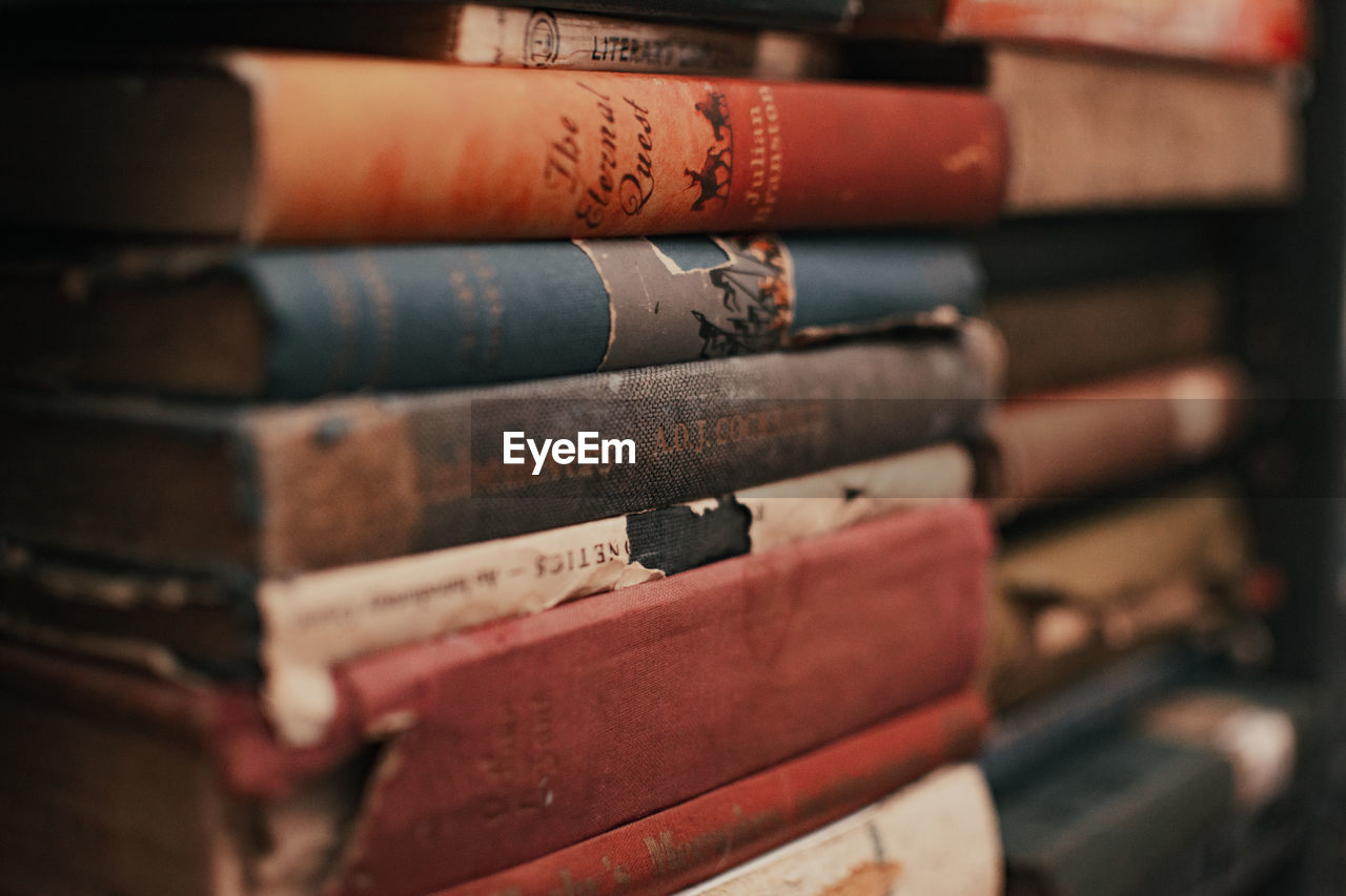 Close-up of books on shelf