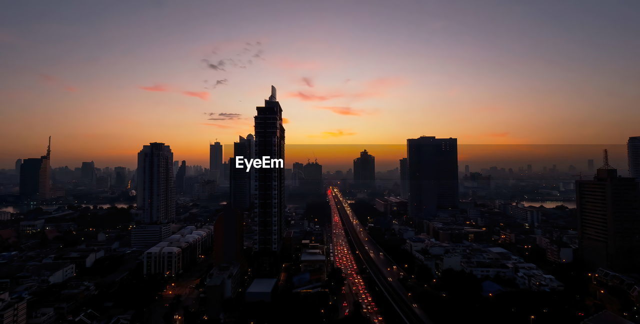 High angle view of city at sunset in bangkok,thailand