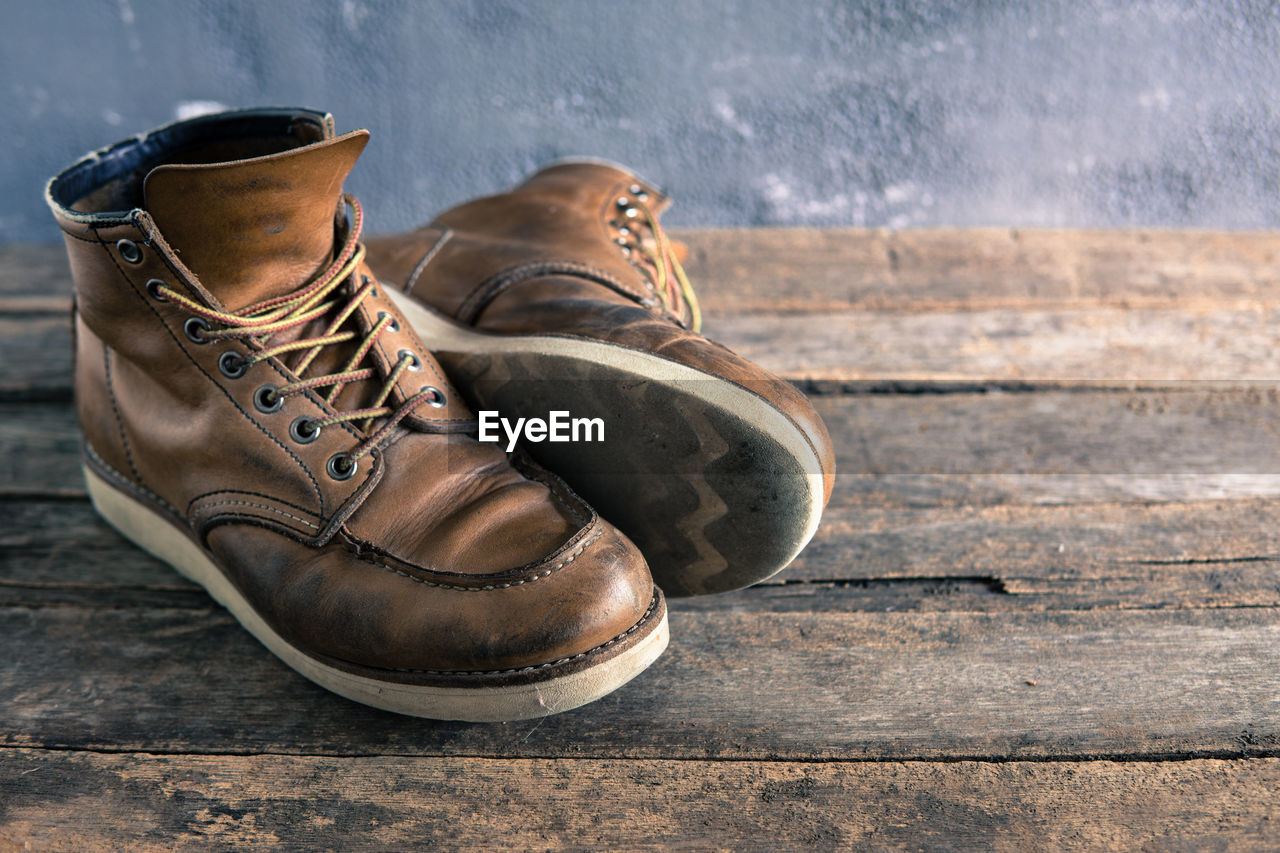 Close-up of shoes on wooden floor