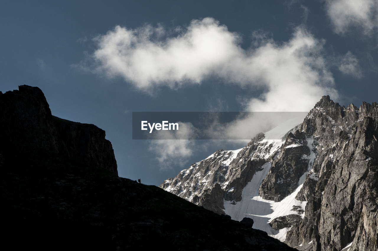 Low angle view of snowcapped mountains against sky