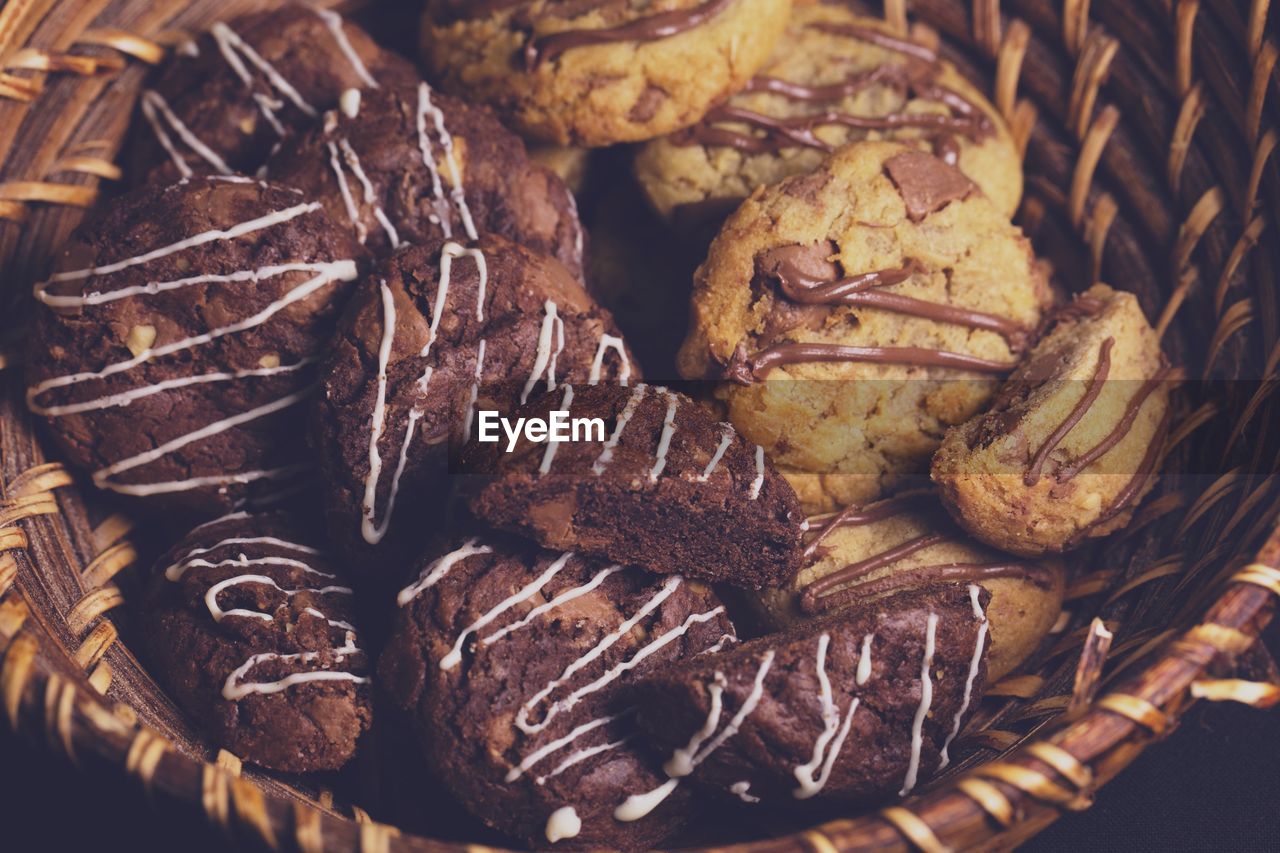 Close-up of cookies in wicker basket