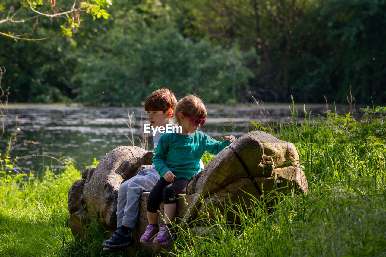 A cute redhead boy and girl with sunglasses sitting on a logon a sunny day