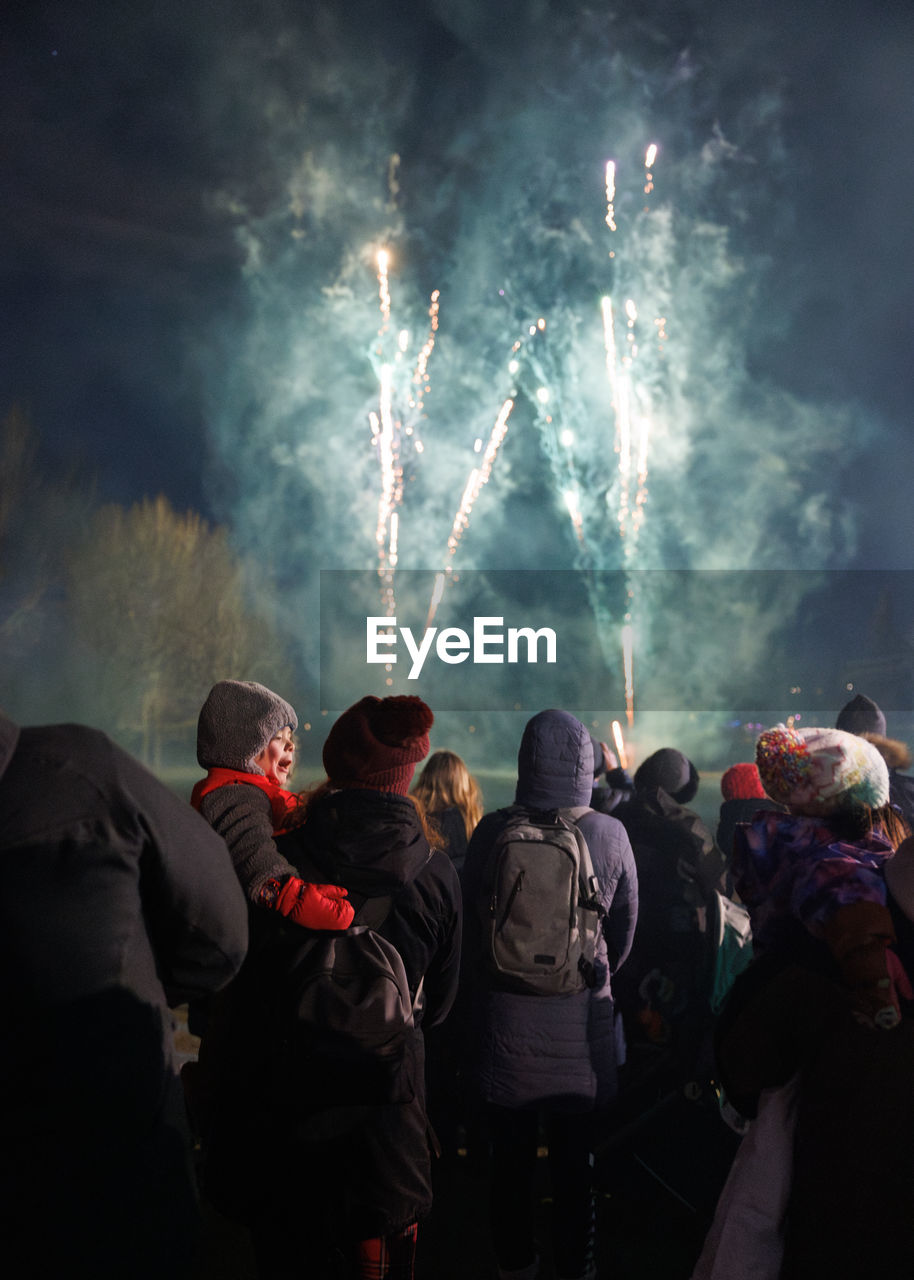 People admiring fireworks display in a park at night