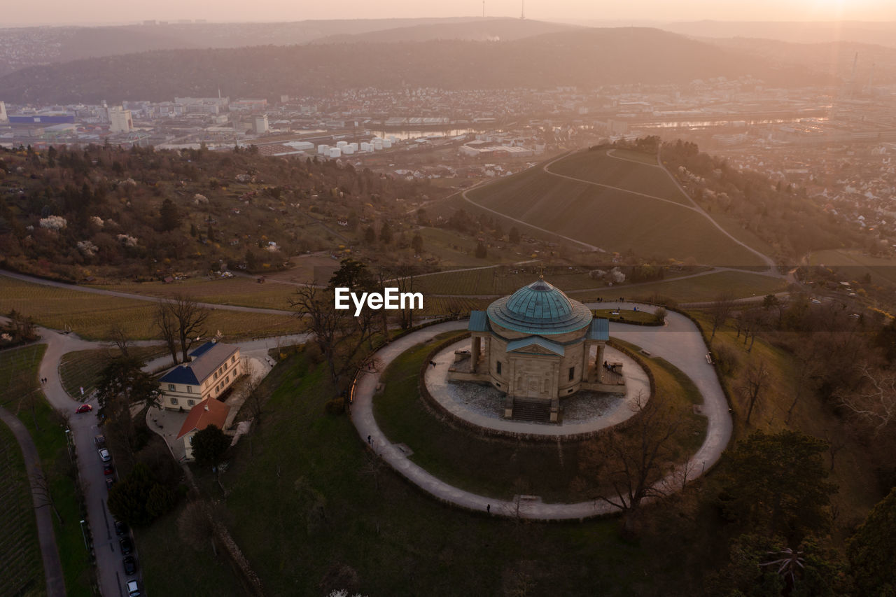 High angle view of cityscape against sky during sunset