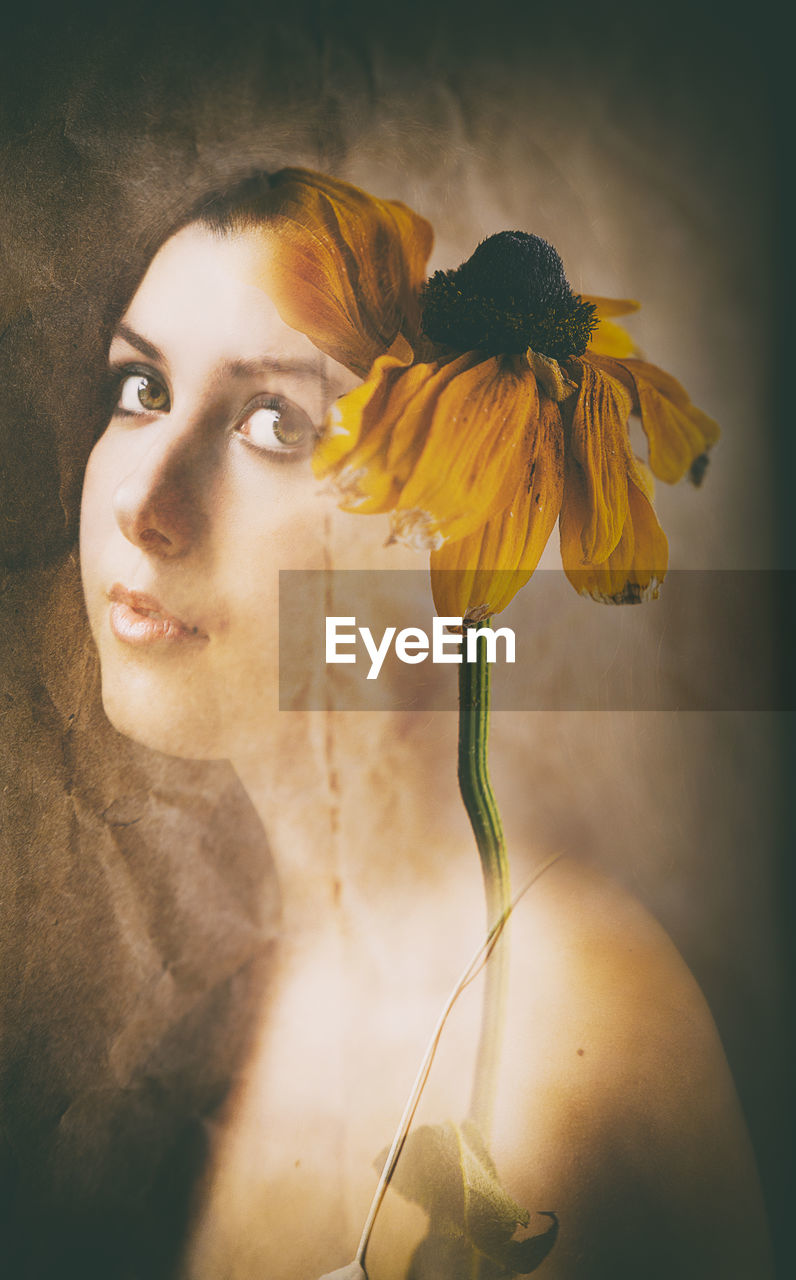 yellow, flower, portrait, one person, women, flowering plant, adult, young adult, painting, plant, beauty in nature, nature, freshness, female, studio shot, indoors, fashion, headshot, hairstyle, human eye, close-up, fragility, digital composite, contemplation, looking at camera, elegance