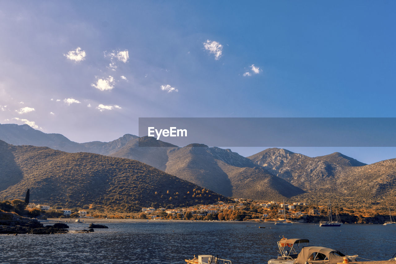 Scenic view of mountains at the sea against sky