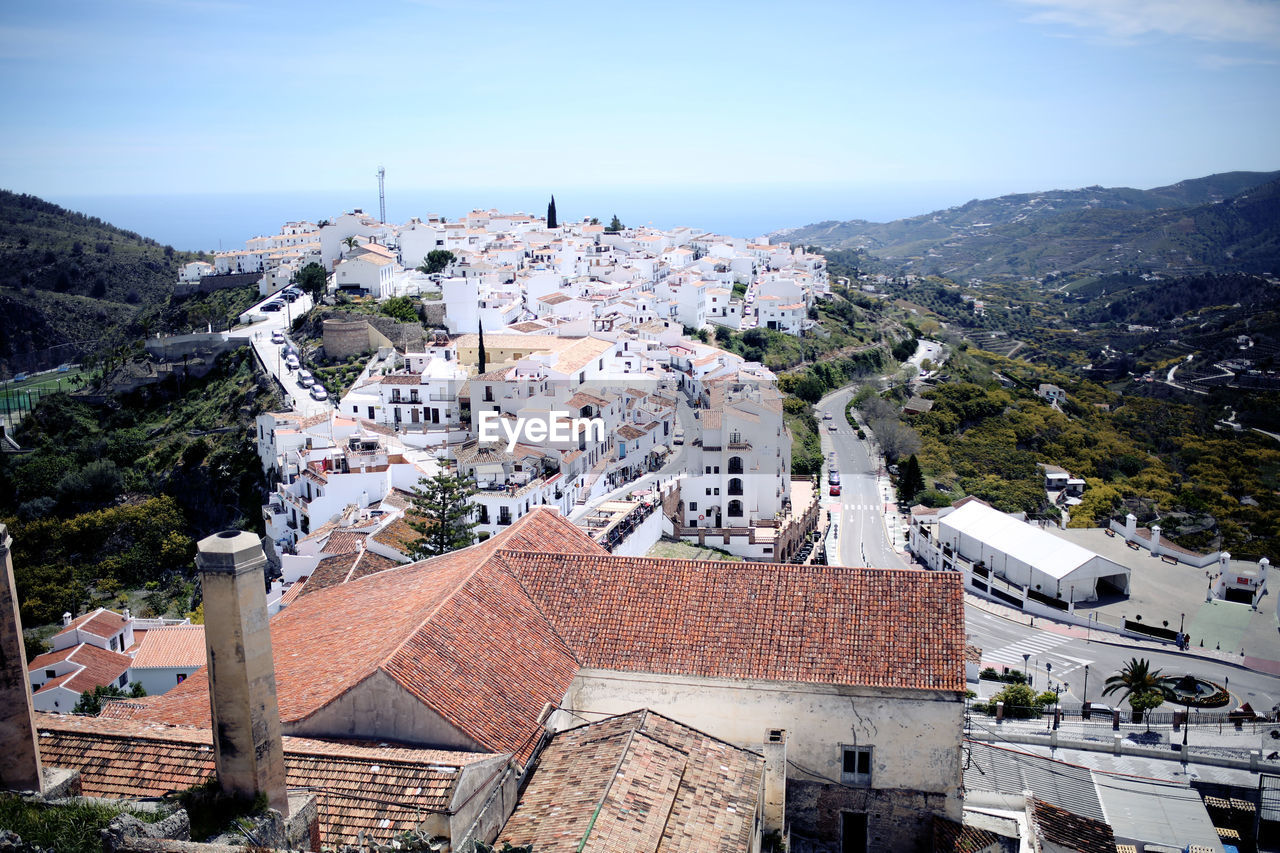 High angle view of town against sky