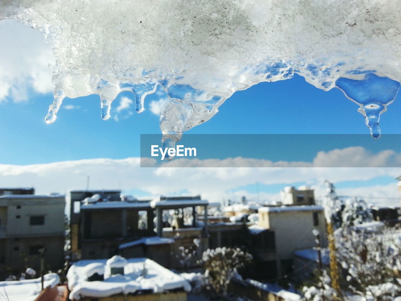 Close-up of icicle against buildings