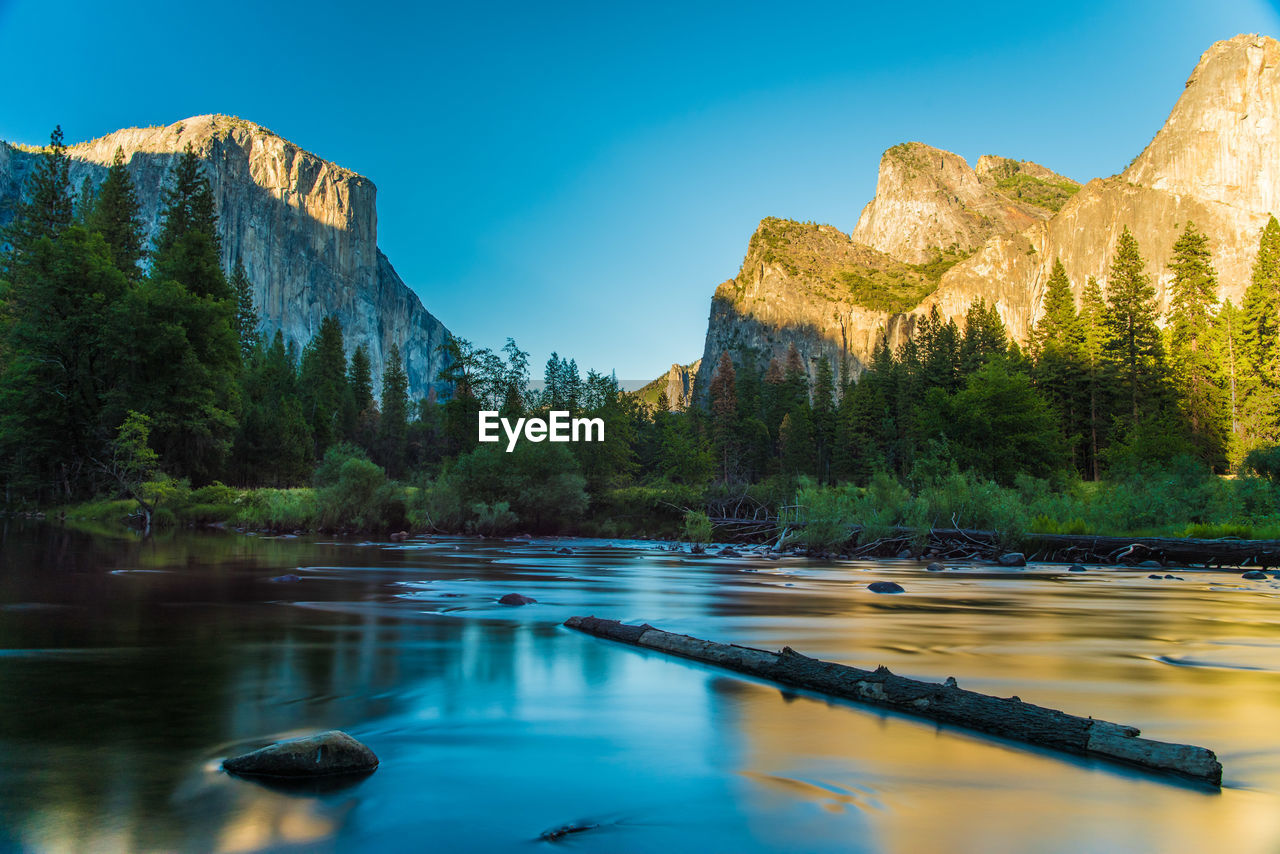 Log in lake by rocky mountains at yosemite national park