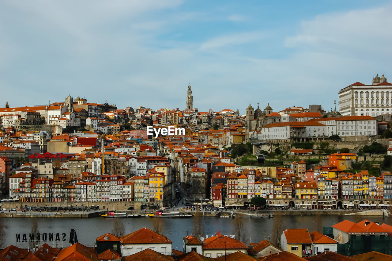 High angle view of river amidst buildings against sky