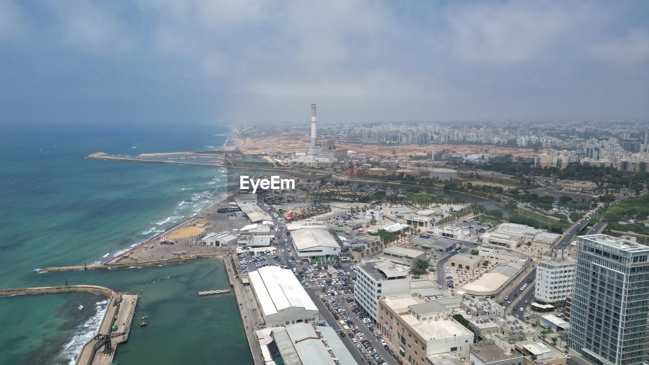 high angle view of city at waterfront