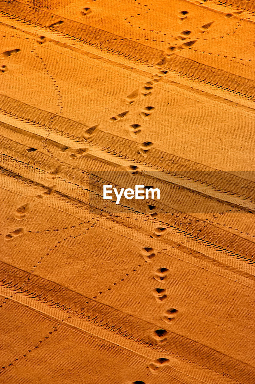 HIGH ANGLE VIEW OF TIRE TRACKS ON SAND