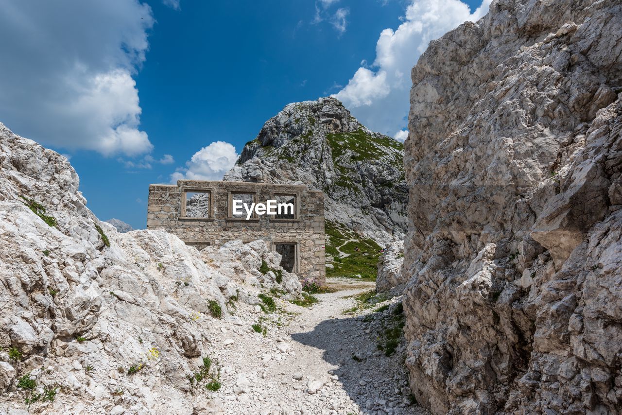 Mount canin plateau. karst garden. between rocks, flowers and old military works.