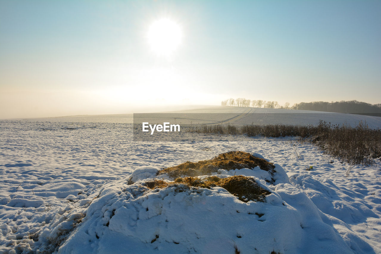 SCENIC VIEW OF FROZEN LAKE AGAINST SKY