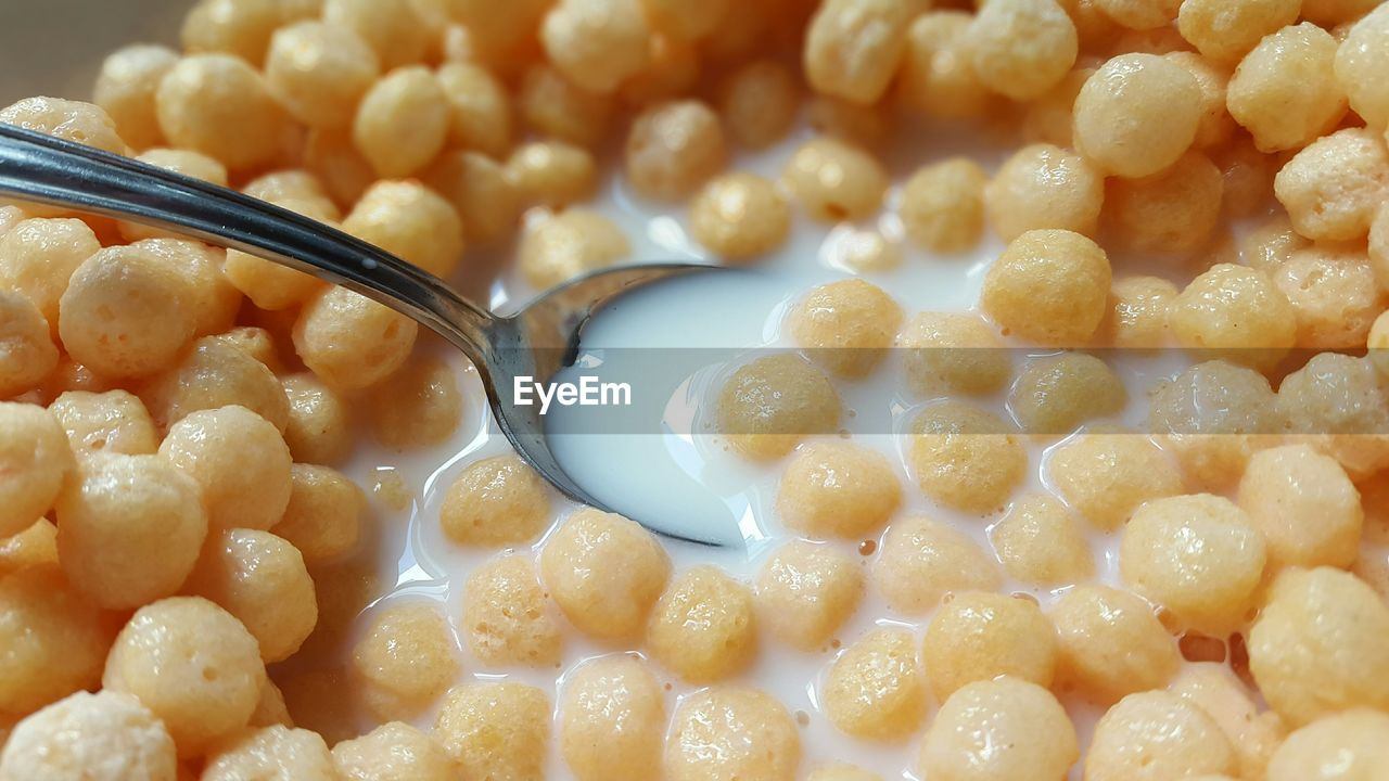 Close-up of cereal in milk with spoon