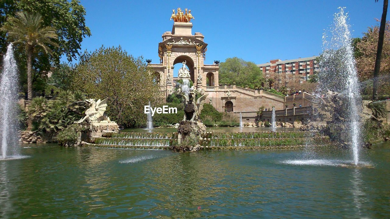 FOUNTAIN IN FRONT OF TEMPLE AGAINST CLEAR SKY