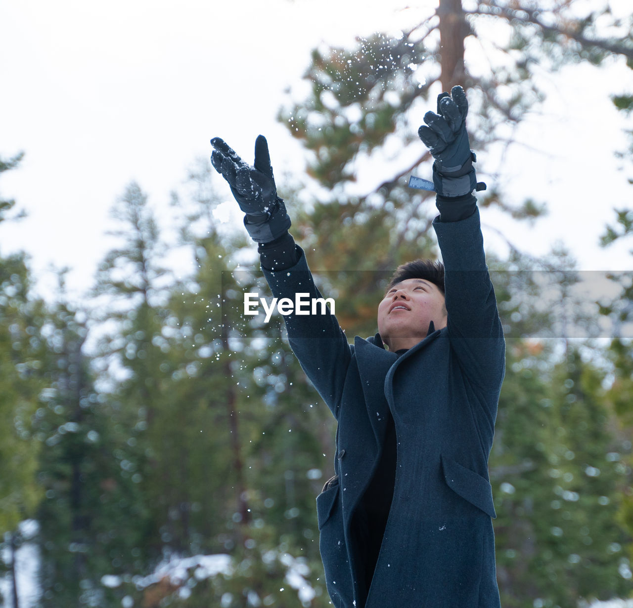 Man playing with snow against trees during winter