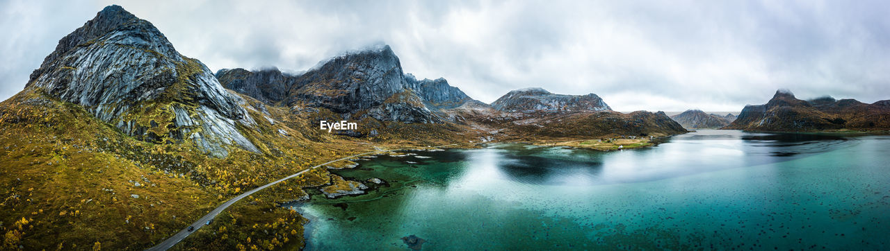 Scenic view of lake and mountains against sky