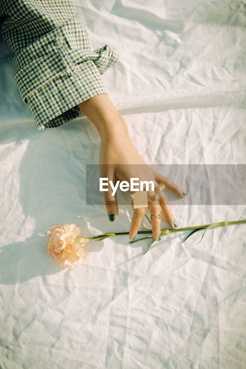 Cropped hand of woman with flower on bed at home