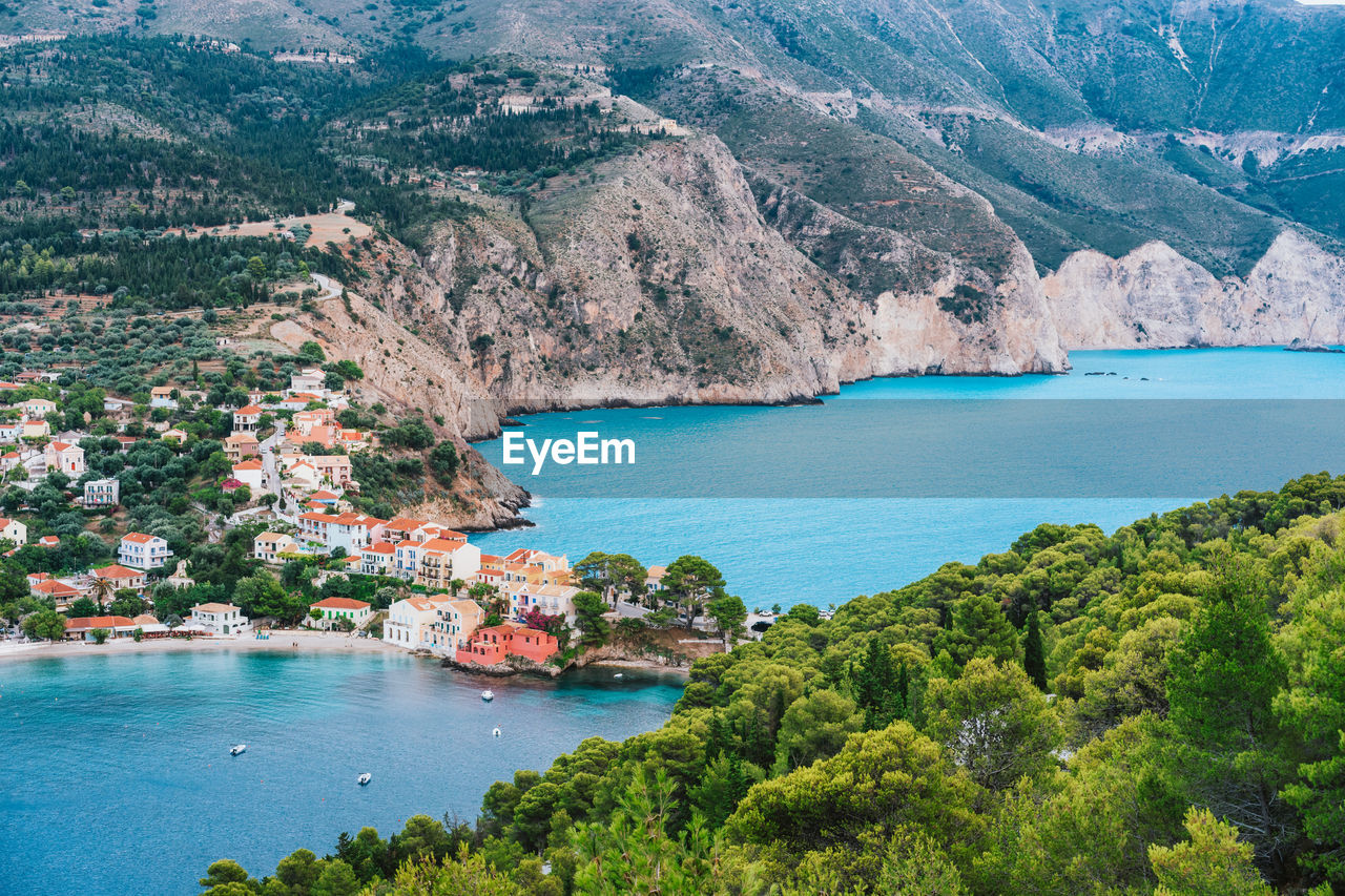 Aerial view of town situated by bay