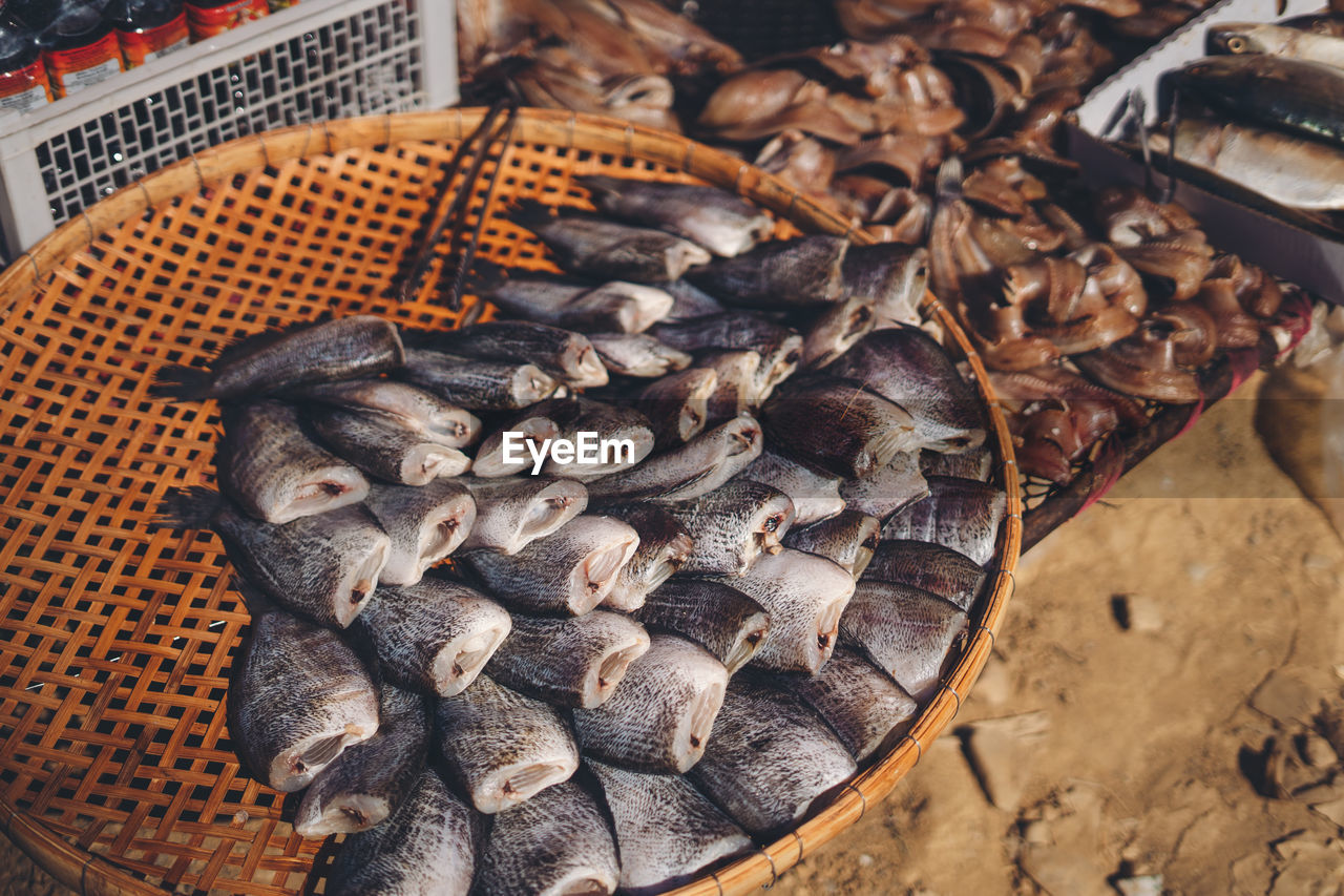 High angle view of fish for sale in market