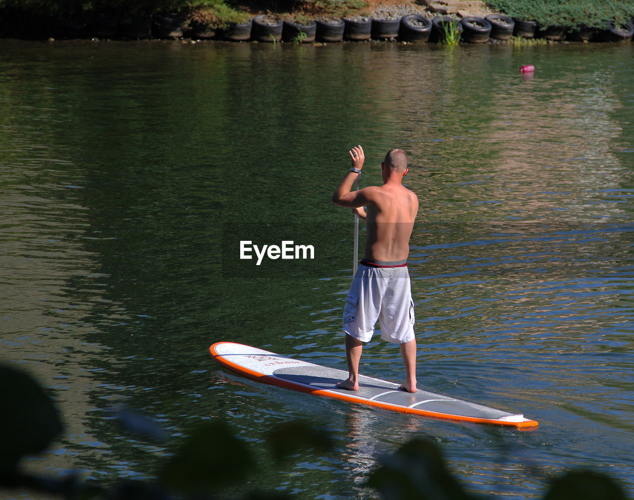 Rear view of shirtless man paddleboarding in river
