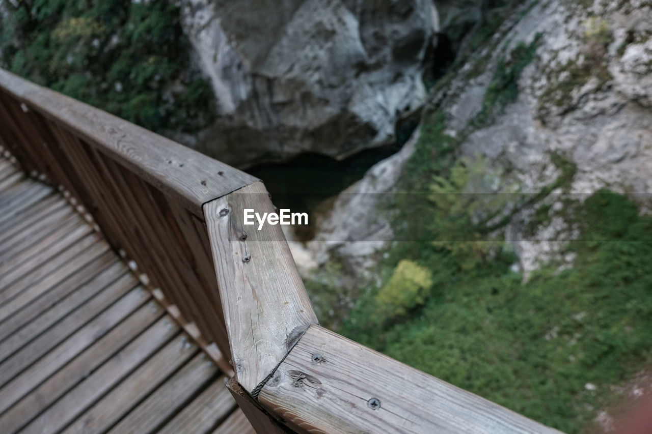 High angle view of wooden bridge