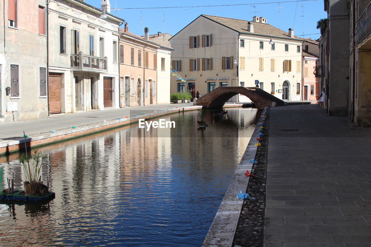 Canal in city against sky