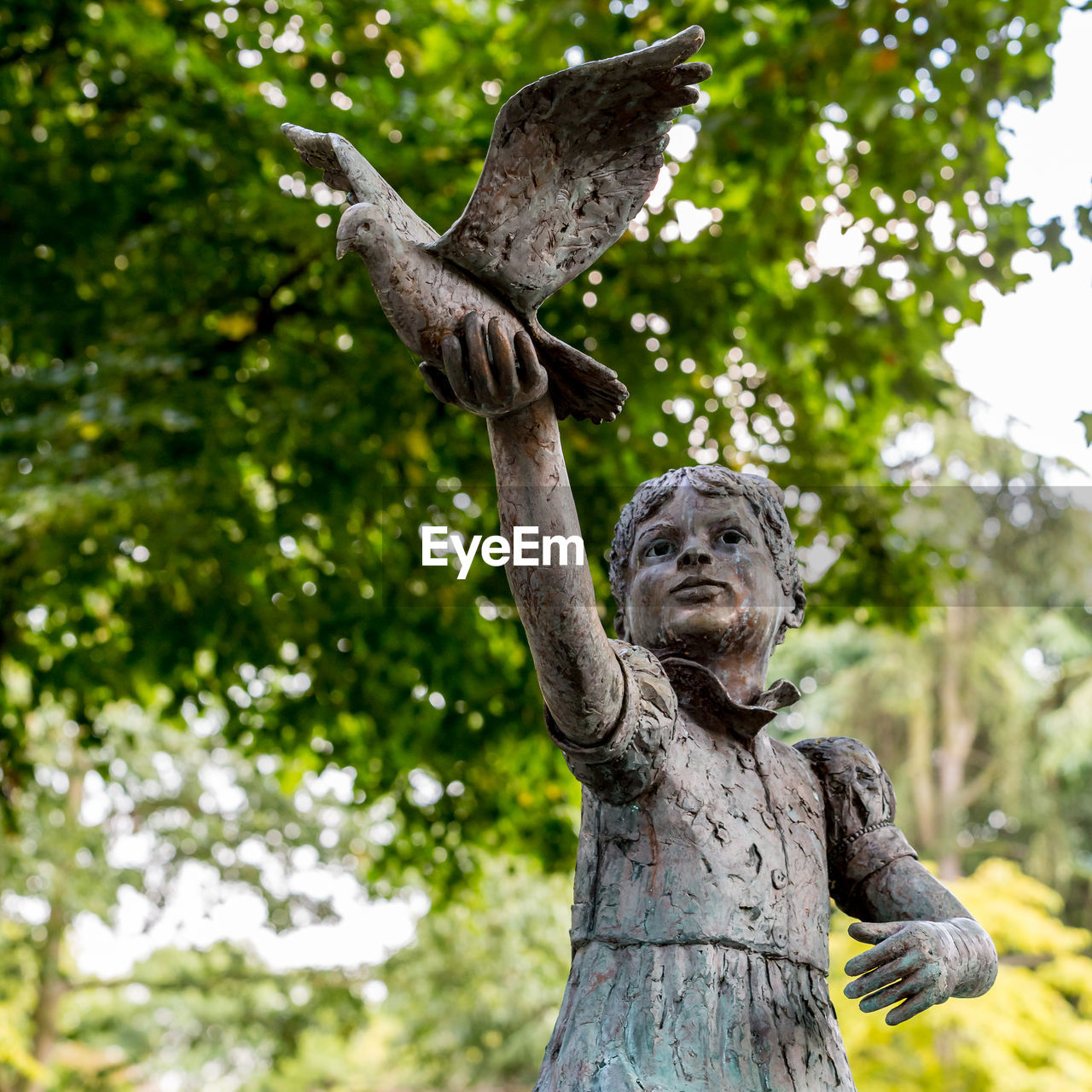 CLOSE-UP OF STATUE AGAINST TREE TRUNK