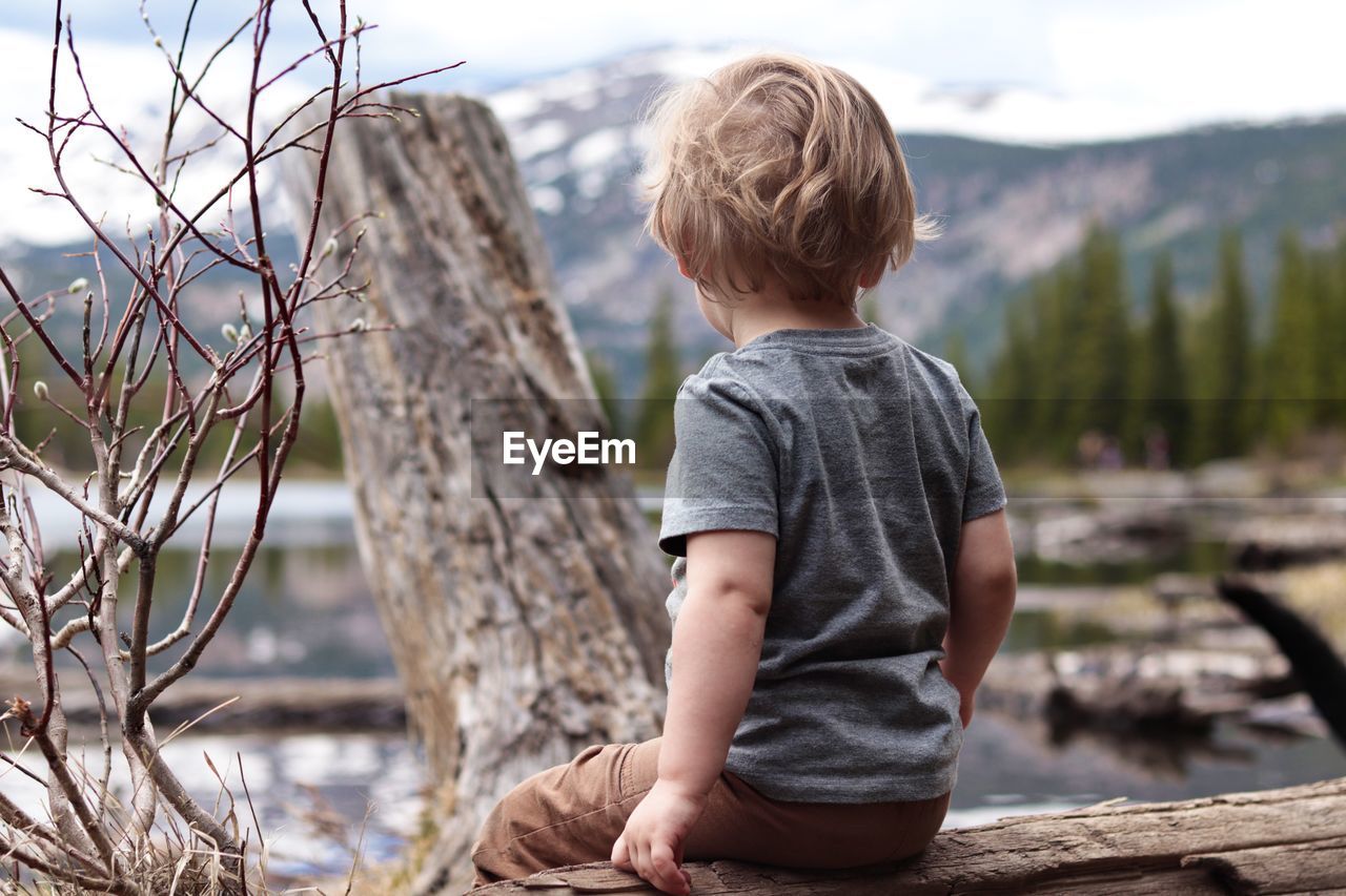 Rear view of boy looking at mountain