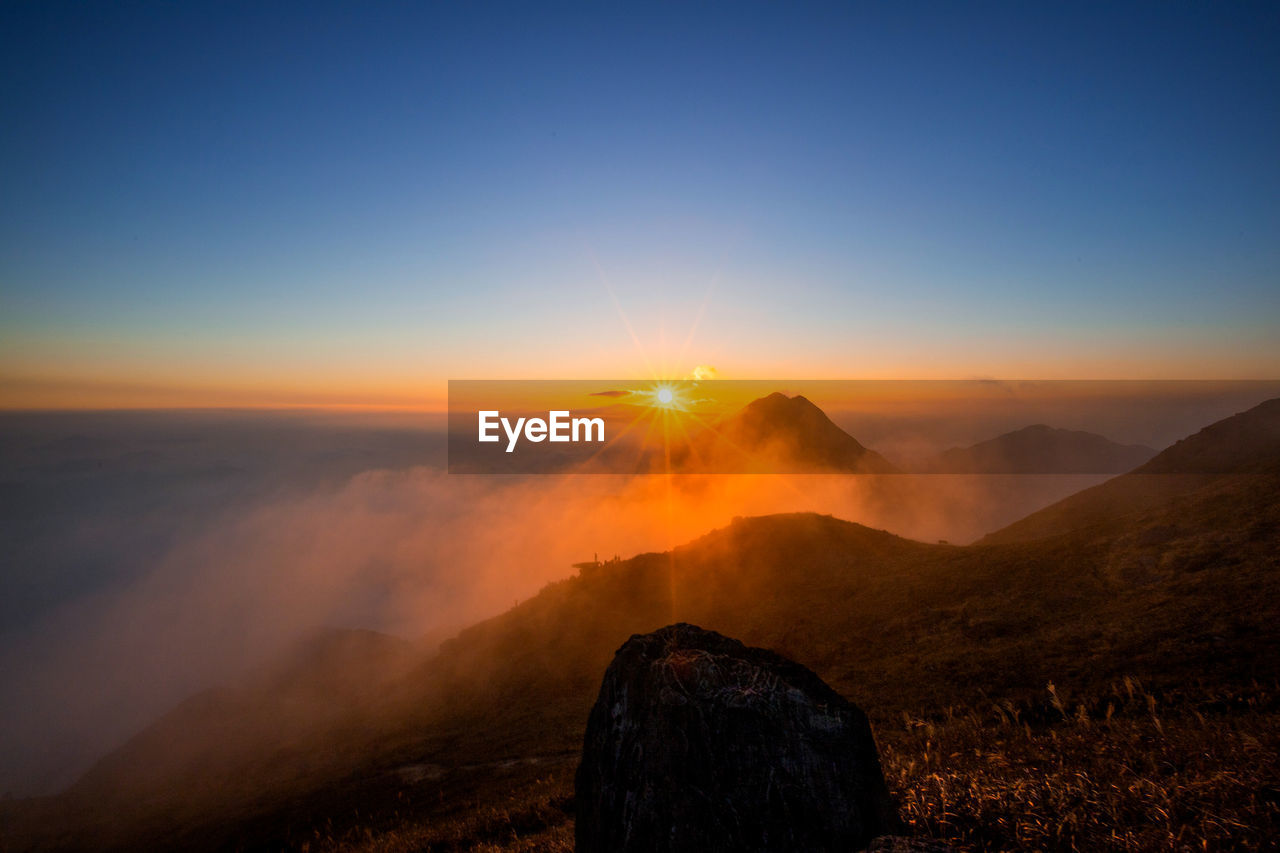 Scenic view of landscape against clear sky during sunset