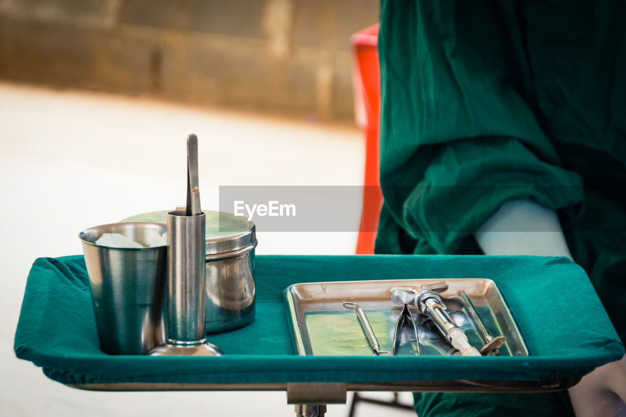 High angle view of dental equipment in tray