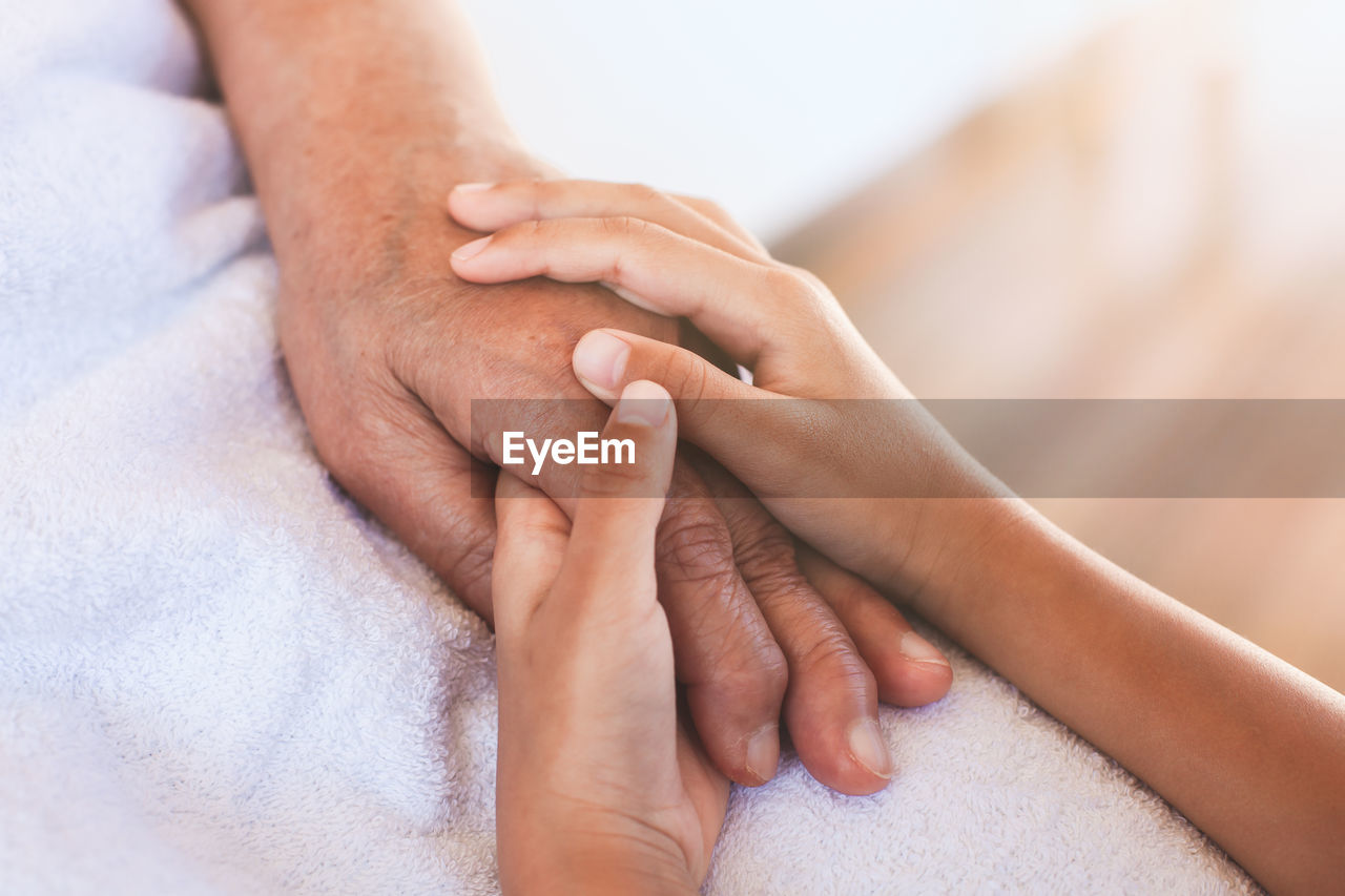 Close-up of family holding hands