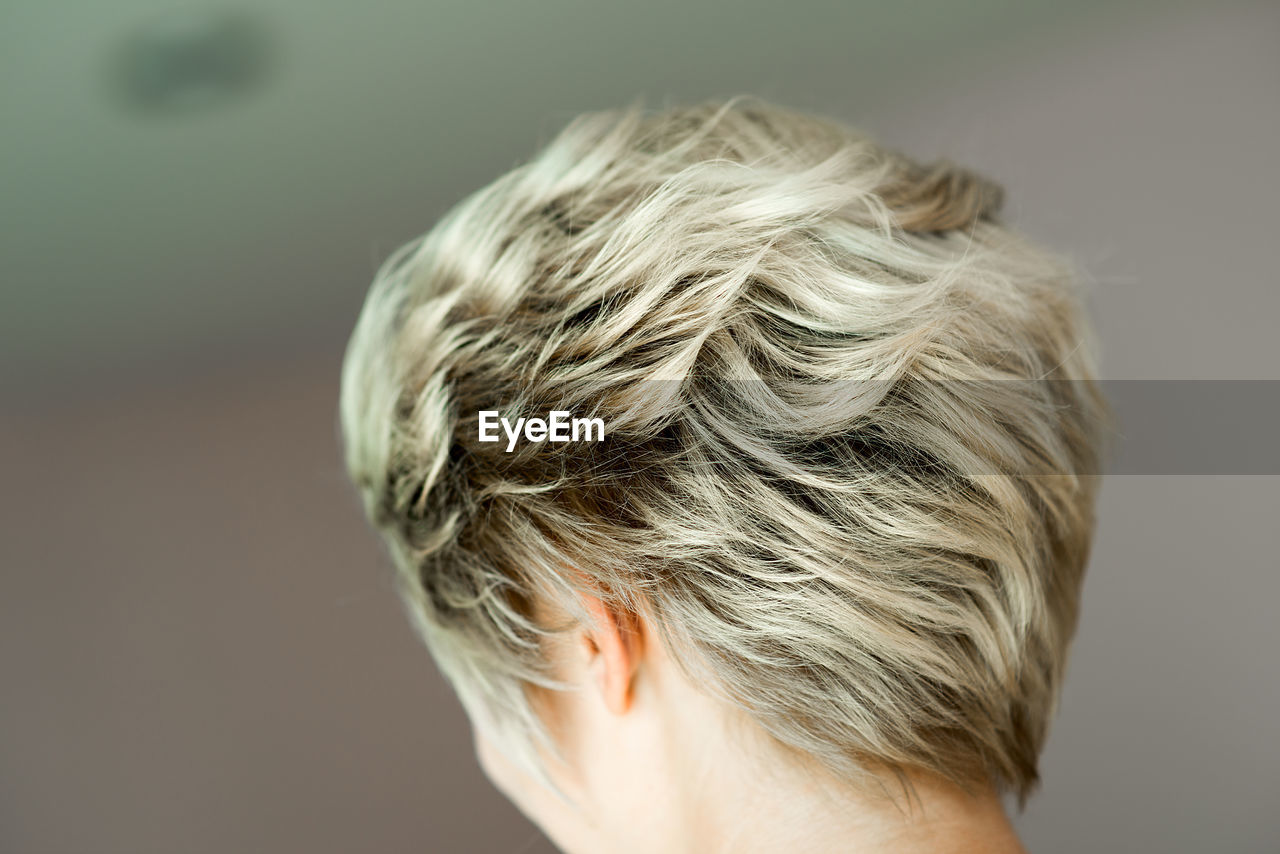 Rear view of woman with blond short hair at home