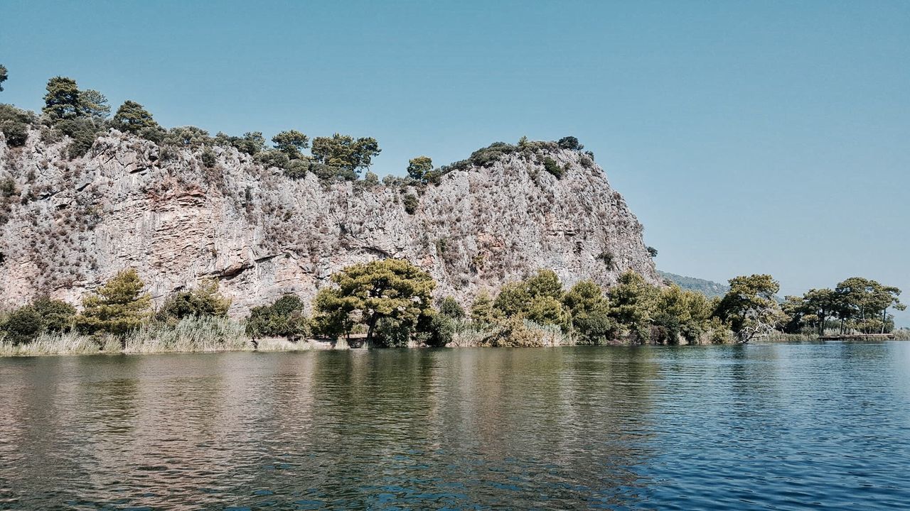 Scenic view of river against clear blue sky