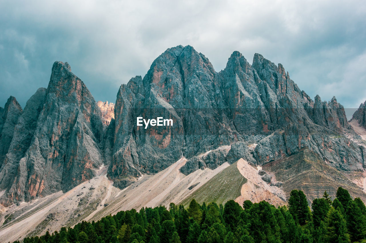 Panoramic view of the odle mountain peaks, italy.