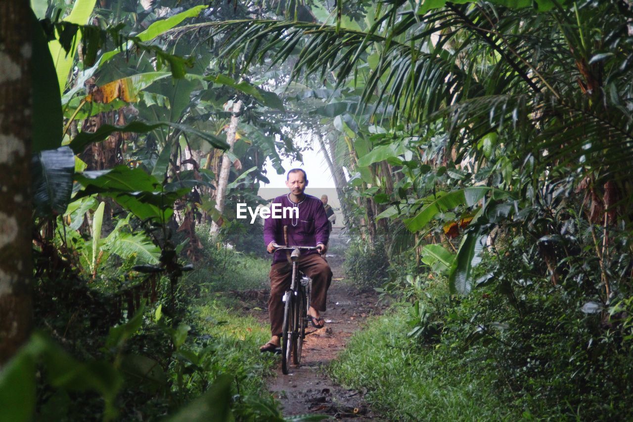 Rear view of man riding bicycle on footpath