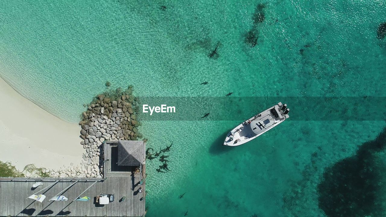 Aerial view of yacht moored at sea