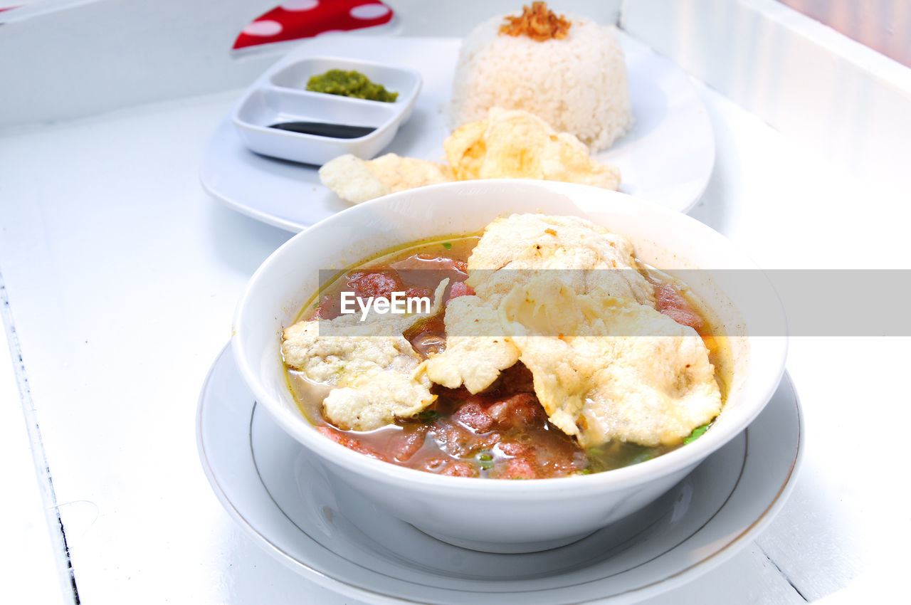 high angle view of food in bowl on table