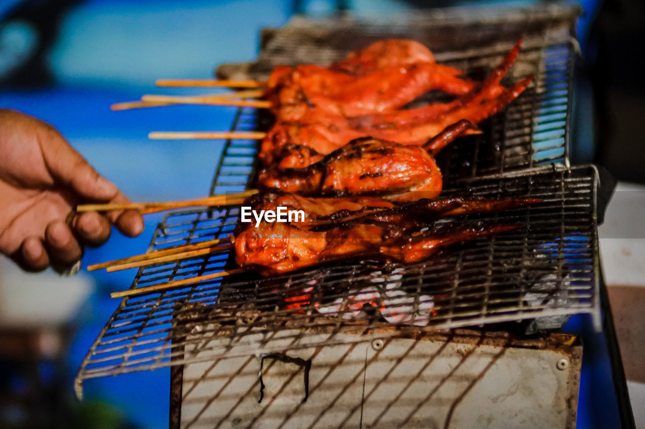Person holding meat on barbecue grill