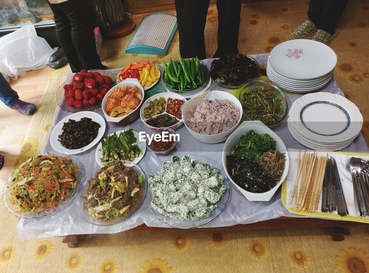 High angle view of banchan on table