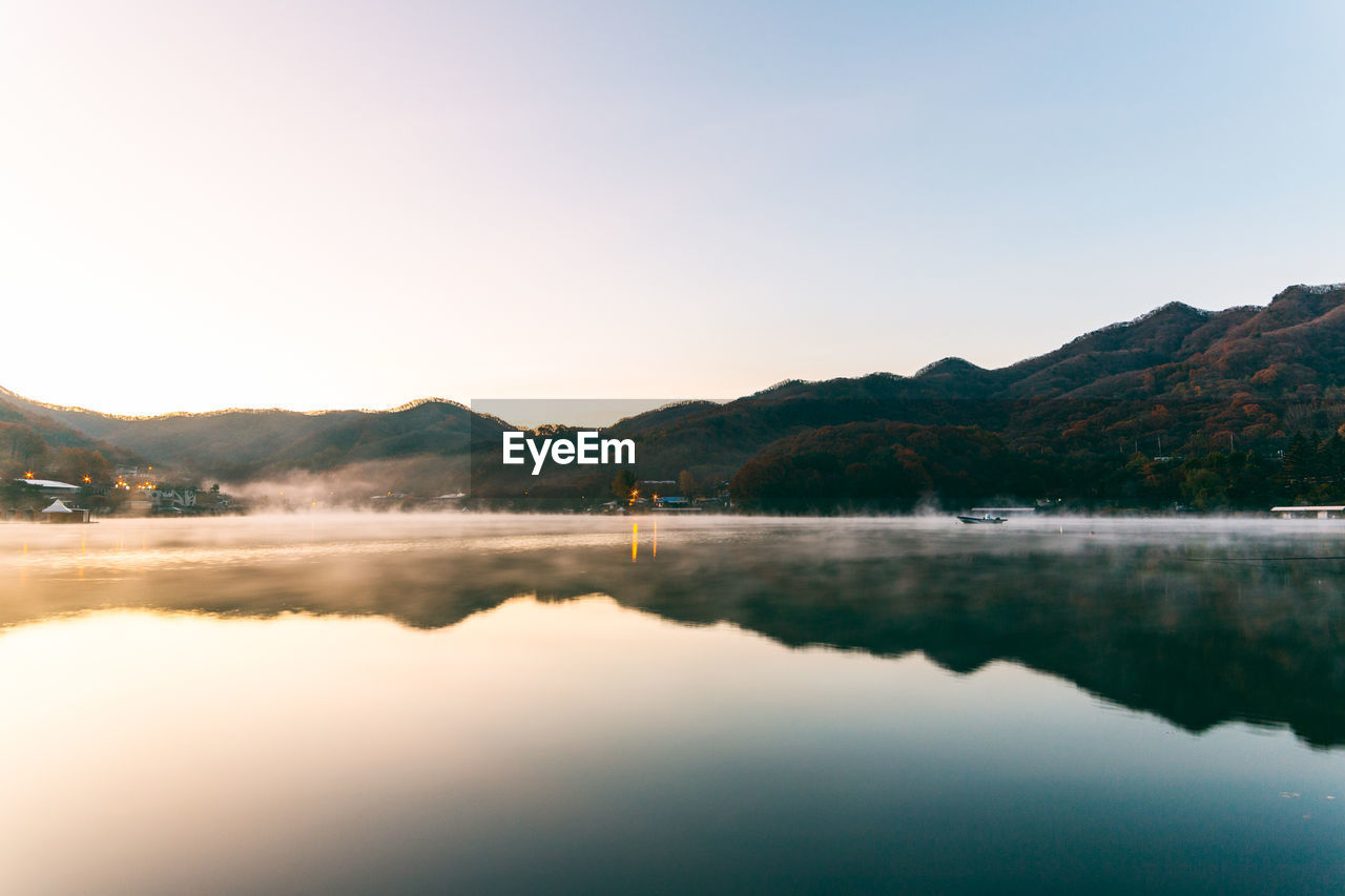 Scenic view of lake against clear sky