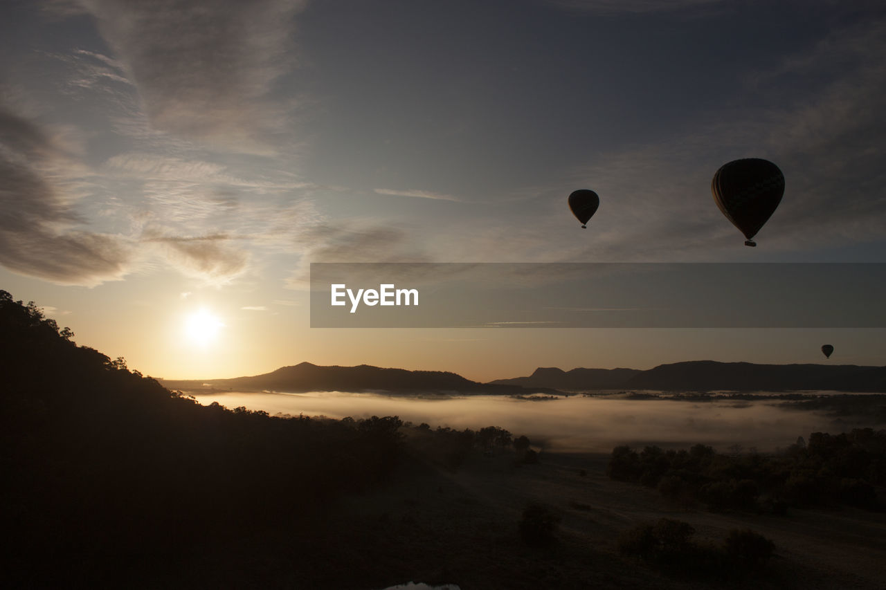 Hot air balloons flying against sky during sunset