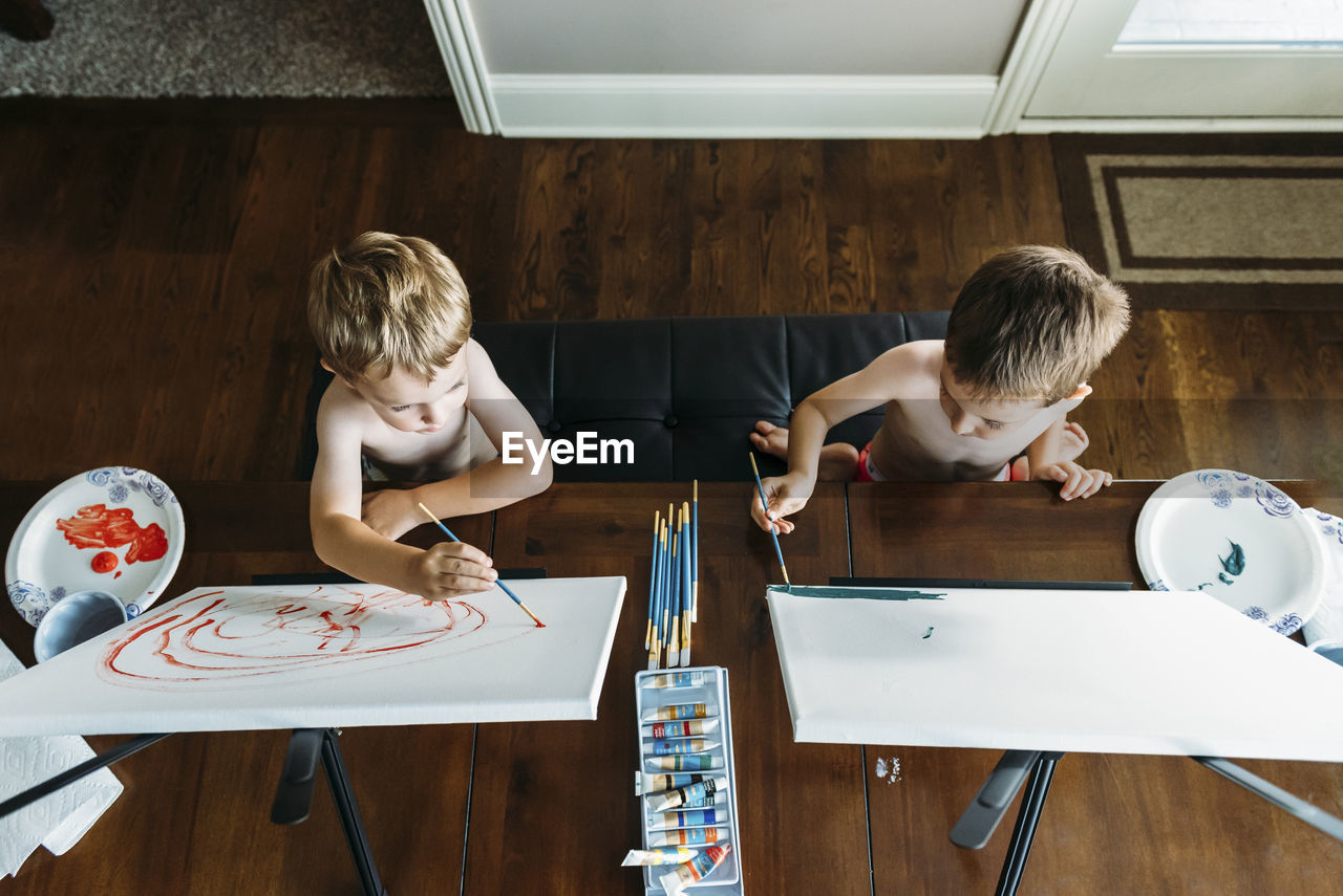 Overhead view of shirtless boys painting on canvas at home